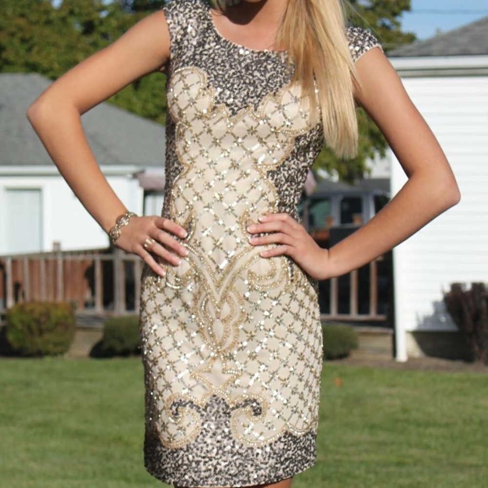 Sequined Ivory and Gold Cap-Sleeve Prom Dress